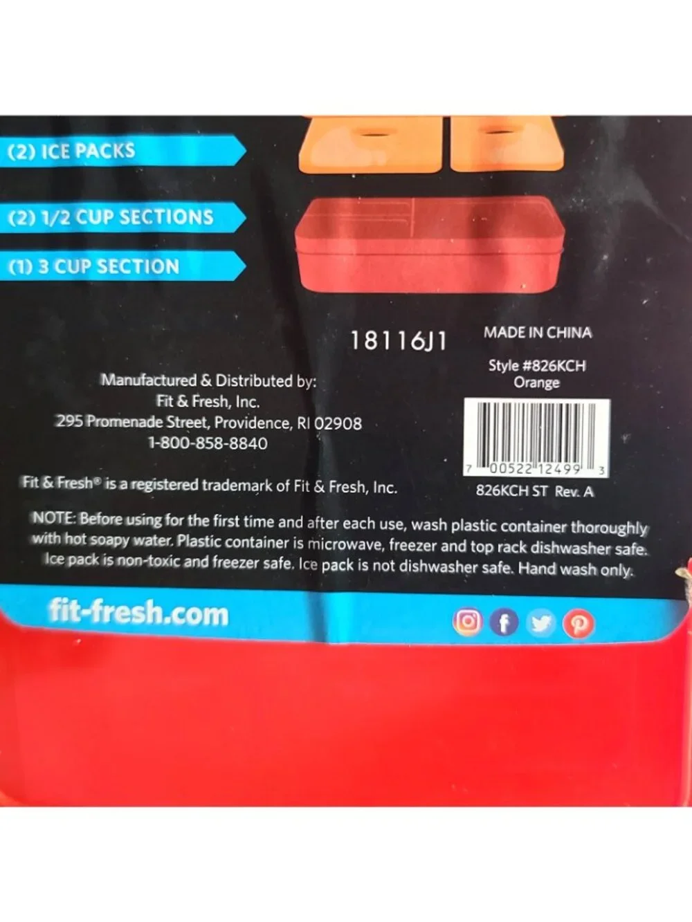 Fit & Fresh 4 Pc Bento Meal Carrier Red 2 Snap In Ice Packs 3 Section w Lid NEW